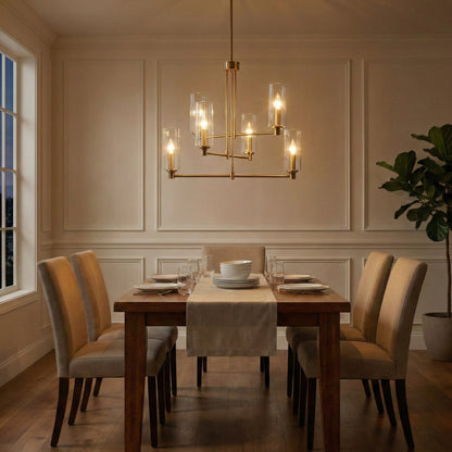 Timeless Six Lights Chandelier With Clear Ribbed Glass - Satin Brass
