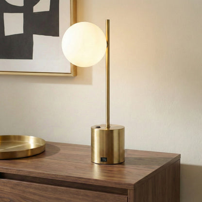 Ethereal Modern Small Brass Metal Table Lamp with White Glass Globe Shade, Elegant Desk Lamp Fixture 22"H x 9.3"W x 5.8"D for Living Room, Desk Lamps for Office Reading