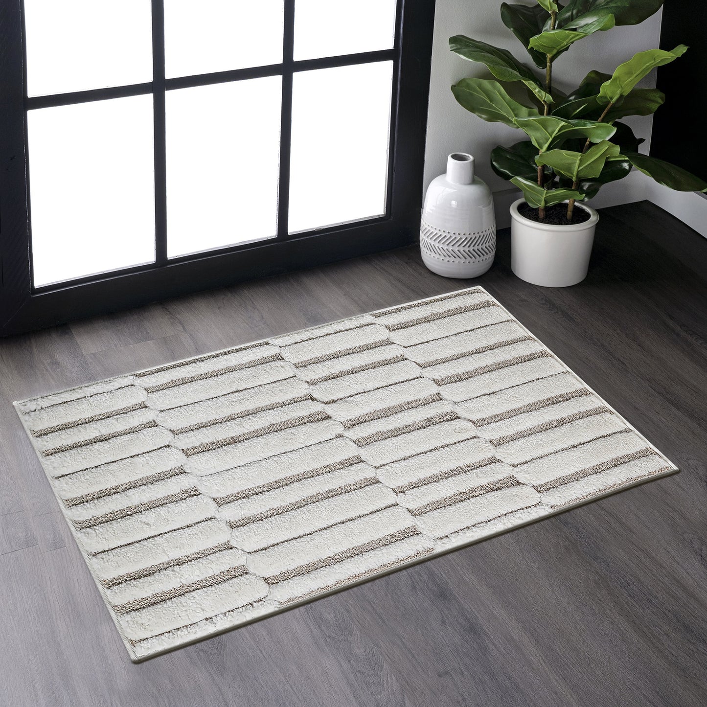 Step Collection High-Low Striped Beige/Cream Indoor Area Rug, 2'x3', Modern, Contemporary, Geometric, Bohemian, Bedroom, Kitchen, Living Room, Doormat, Non Shedding Carpet
