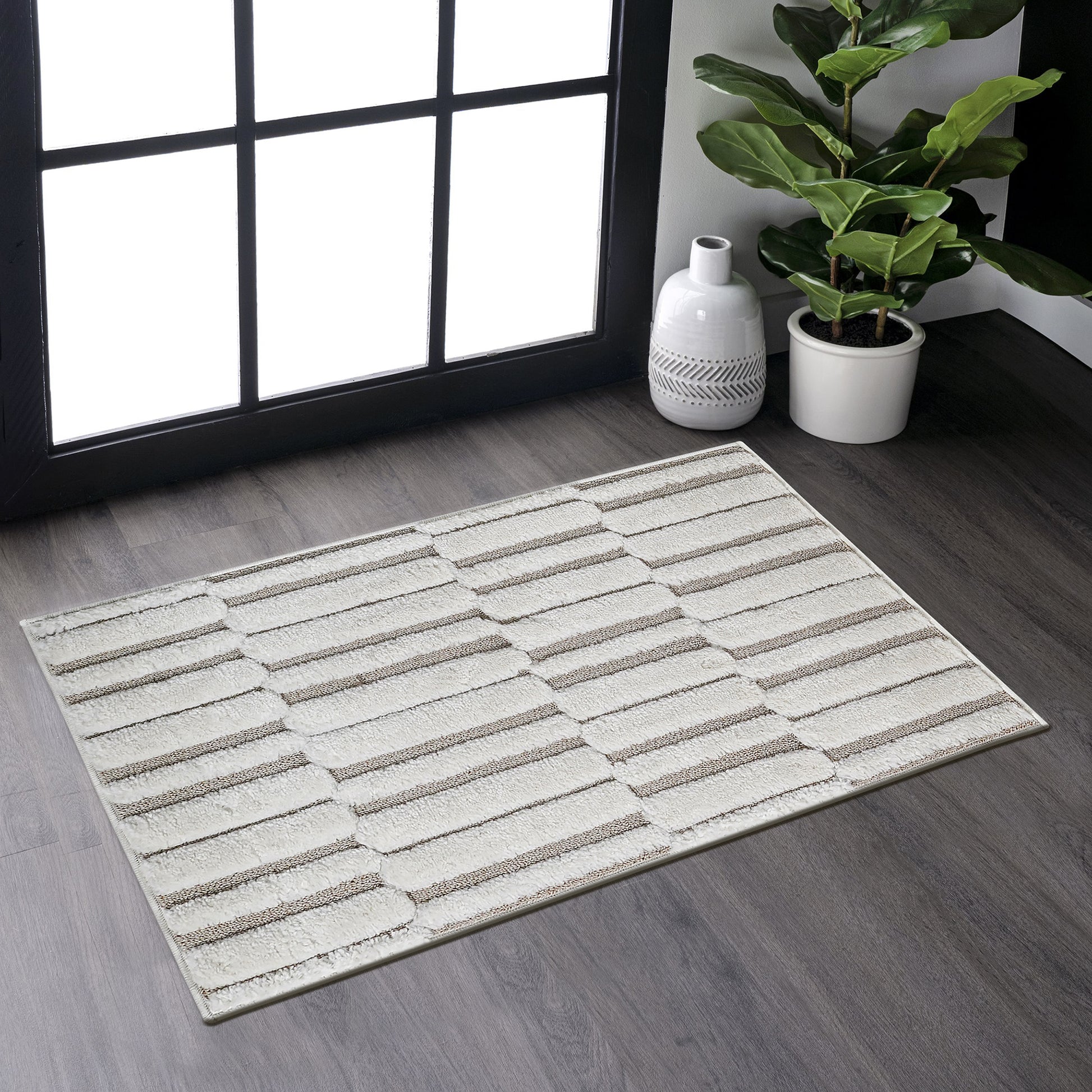 Step Collection High-Low Striped Beige/Cream Indoor Area Rug, 2'x3', Modern, Contemporary, Geometric, Bohemian, Bedroom, Kitchen, Living Room, Doormat, Non Shedding Carpet