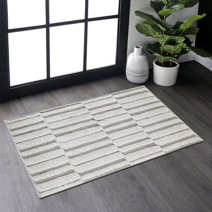 Step Collection High-Low Striped Beige/Cream Indoor Area Rug, 2'x3', Modern, Contemporary, Geometric, Bohemian, Bedroom, Kitchen, Living Room, Doormat, Non Shedding Carpet
