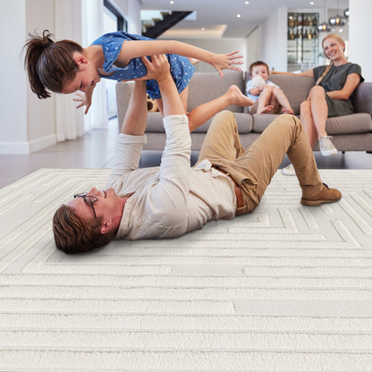Cream Polypropylene Area Rug - 5x8 Modern Geometric Design