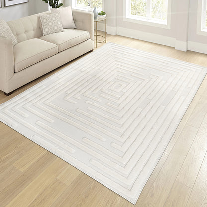 Step Collection High-Low Striped Cream Indoor Area Rug, 5'3''x7'6'', Modern, Contemporary, Geometric, Bohemian, Bedroom, Kitchen, Living Room, Non Shedding Carpet