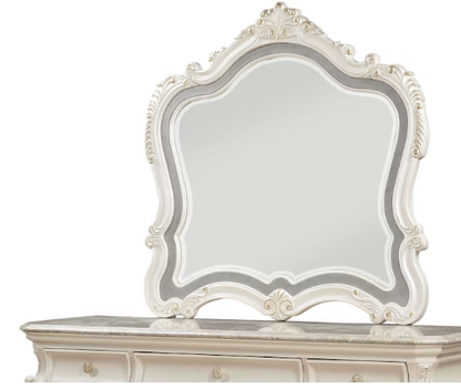 White Beveled Mirror with Decorative Trim