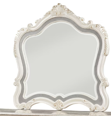 White Beveled Mirror with Decorative Trim
