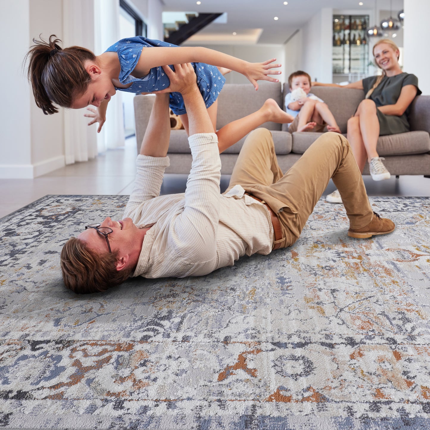 Ivory Grey Polyester Area Rug - 9x12 ft Living Room Rug