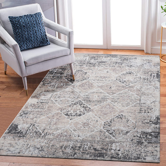 LOOM & LUXE Collection 6X9 Cream/Anthracite /Traditional Non-Shedding Living Room Bedroom Dining Home Office Stylish and Stain Resistant Area Rug
