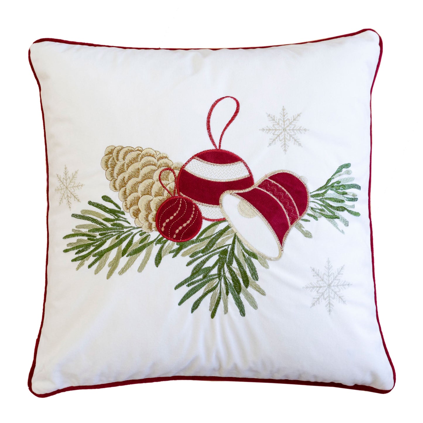 White Christmas Throw Pillow with Pinecone & Ornament Embroidery – 20x20 with Insert