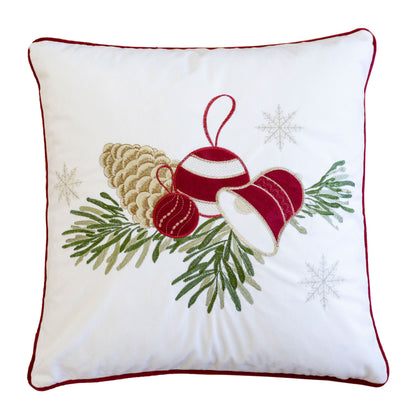 White Christmas Throw Pillow with Pinecone & Ornament Embroidery – 20x20 with Insert
