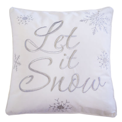 Let It Snow Embroidered Cotton Throw Pillow – 20x20" White Christmas Cushion with Snowflakes & Insert