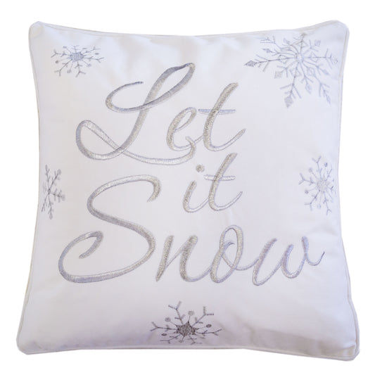 Let It Snow Embroidered Cotton Throw Pillow – 20x20" White Christmas Cushion with Snowflakes & Insert