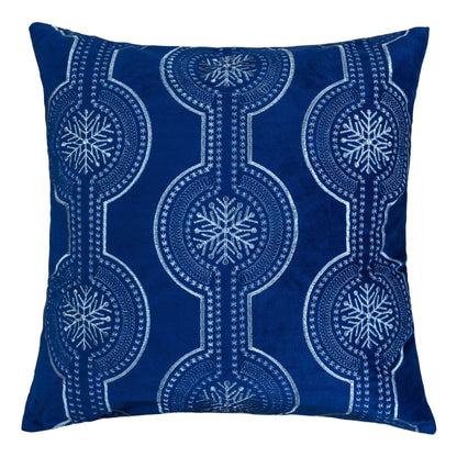 Holiday Blue Velvet Throw Pillow with White Snowflake Embroidery, 20x20 with Insert