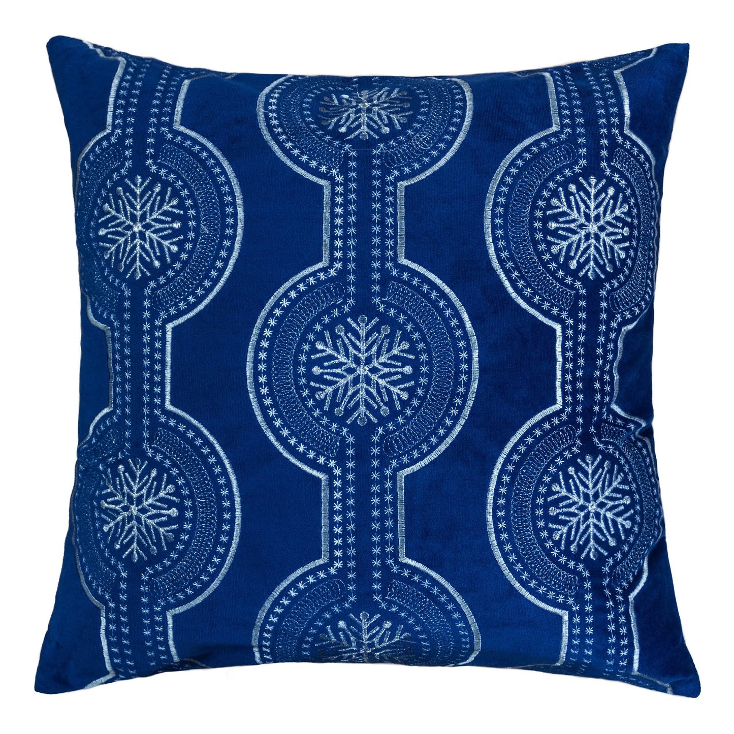 Holiday Blue Velvet Throw Pillow with White Snowflake Embroidery, 20x20 with Insert Set of 2