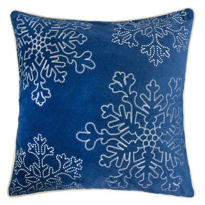 Blue Velvet Holiday Throw Pillow 20x20 with Silver Snowflake Embroidery and Insert Set of 2