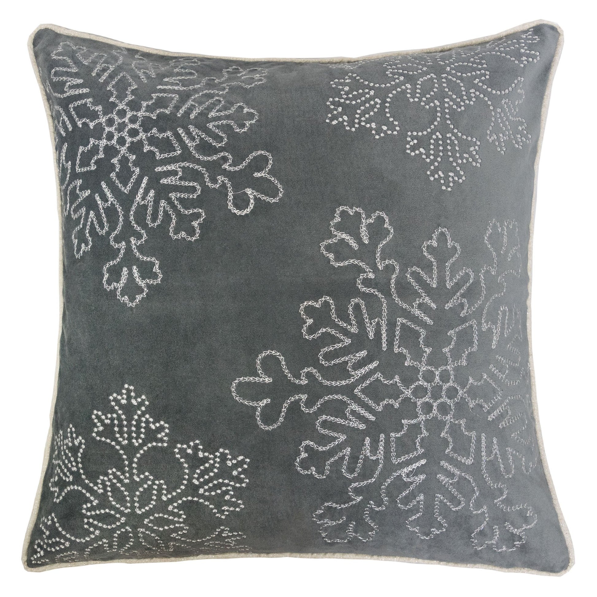 Gray Velvet Holiday Throw Pillow 20x20 with Silver Snowflake Embroidery and Insert Set of 2