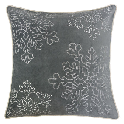 Gray Velvet Holiday Throw Pillow 20x20 with Silver Snowflake Embroidery and Insert Set of 2