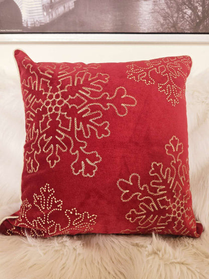 Red Velvet Holiday Throw Pillow 20x20 with Gold Snowflake Embroidery and Insert Set of 2