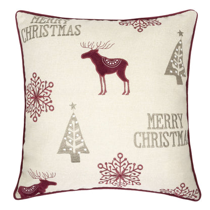 Merry Christmas Embroidered Poly Linen Throw Pillow – 20x20" Holiday Cushion with Reindeer, Trees & Snowflakes Set of 2
