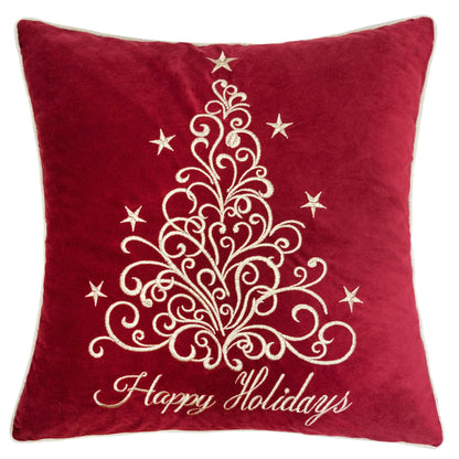 Happy Holidays Embroidered Velvet Throw Pillow – 20x20" Red Christmas Accent Cushion with Gold Detailing Set of 2