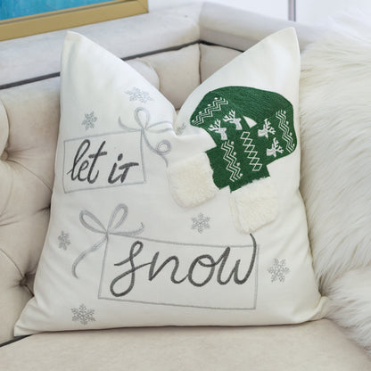 Let It Snow Christmas Throw Pillow – 20x20" Square Cotton Cushion with Green Knit Hat Design and Insert Set of 2