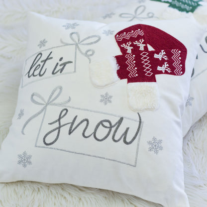 Let It Snow Christmas Throw Pillow – 20x20" Square Cotton Cushion with Red Knit Hat Design and Insert Set of 2