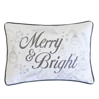 Merry & Bright Christmas Throw Pillow – 14x20" White and Silver Embroidered Velvet Lumbar Cushion Set of 2