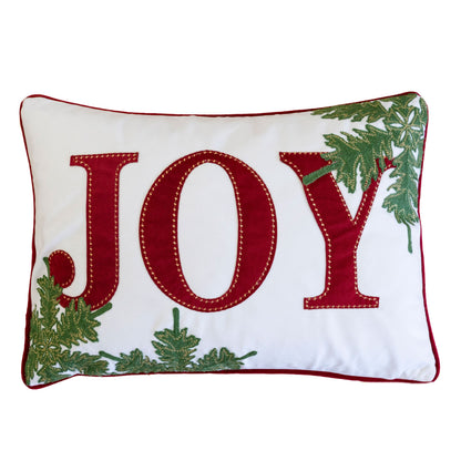 JOY Embroidered Christmas Throw Pillow – 14x20" Velvet Lumbar Cushion in Red and White with Green Holiday Accents Set of 2