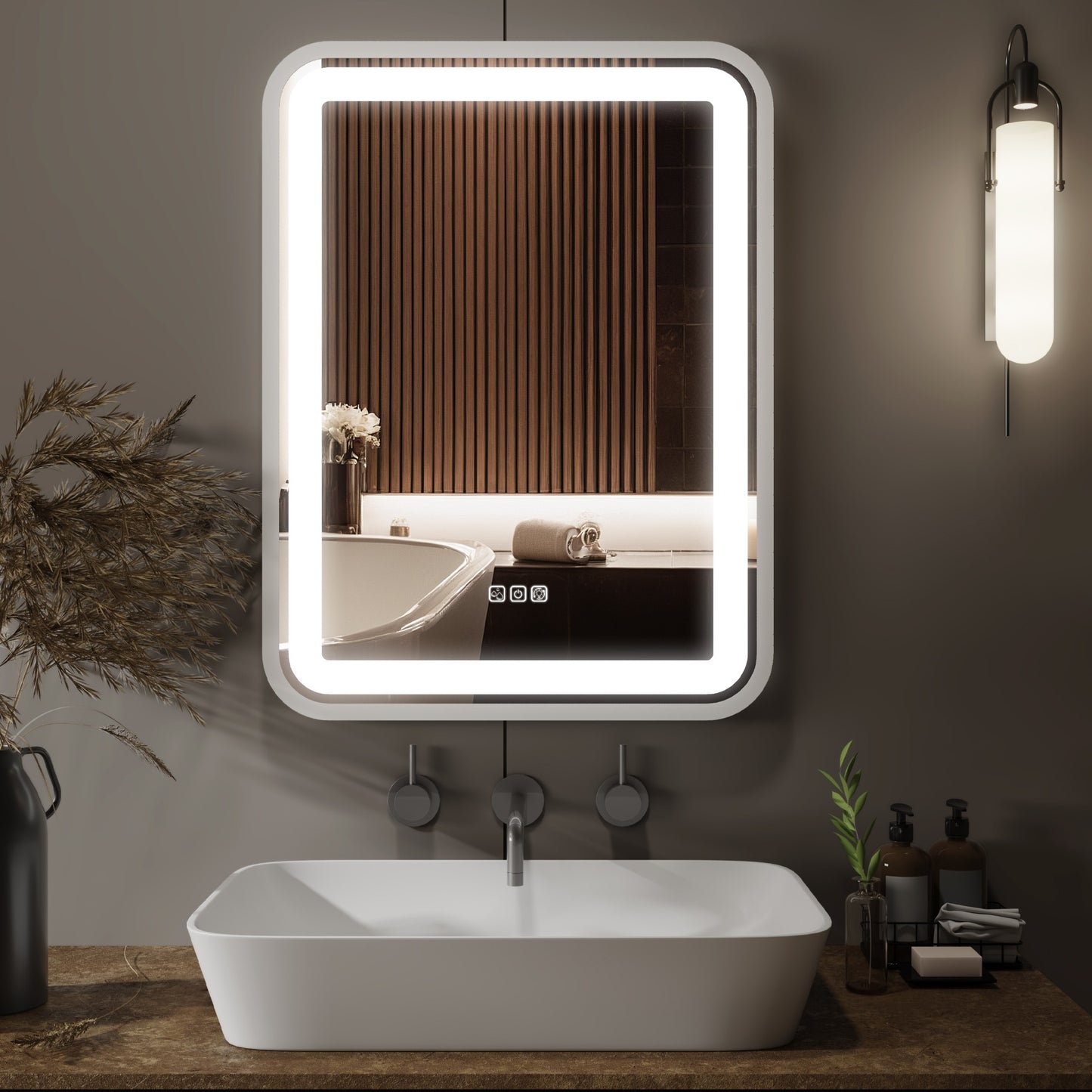 Silver LED Bathroom Mirror with Light - 36x28 Inch Defogging Smart Mirror