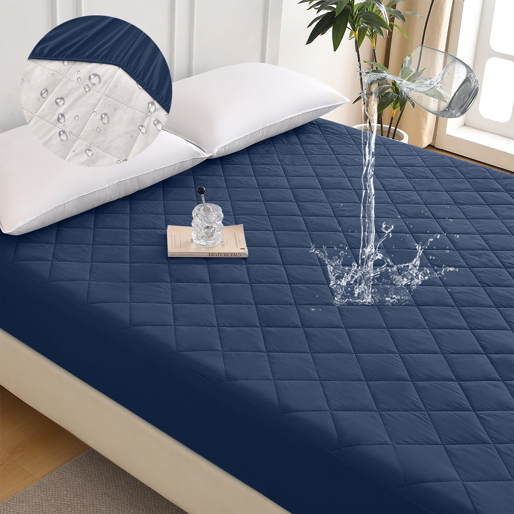 Diamond-patterned ultrasonic waterproof quilted fitted sheet, navy blue, King size
