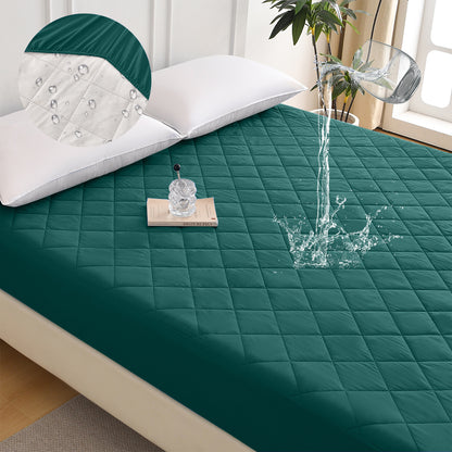 Diamond-patterned ultrasonic waterproof quilted fitted sheet, green, Queen size