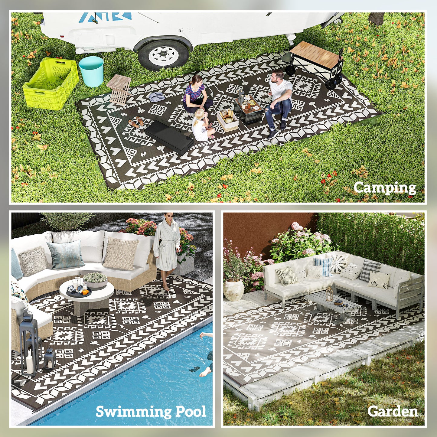 Outdoor Rug for Patio - Black & White, 9' x 18"