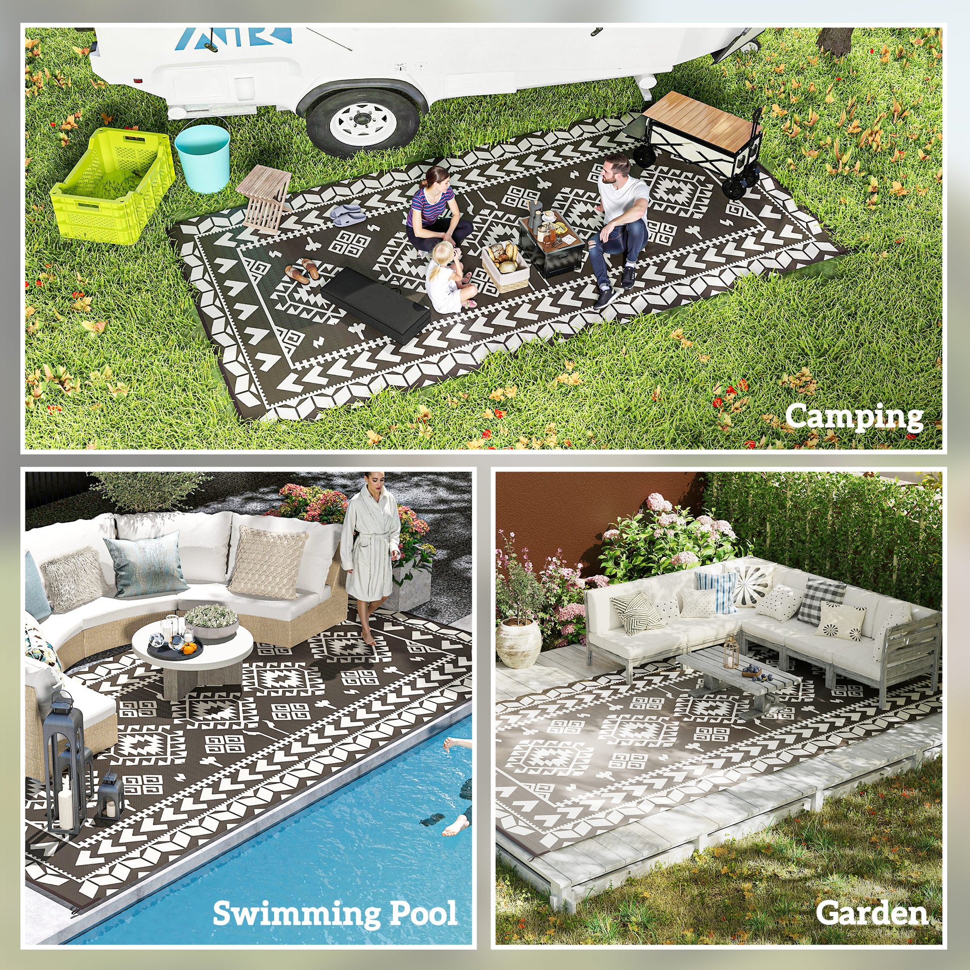 Outdoor Rug for Patio - Black & White, 9' x 18"