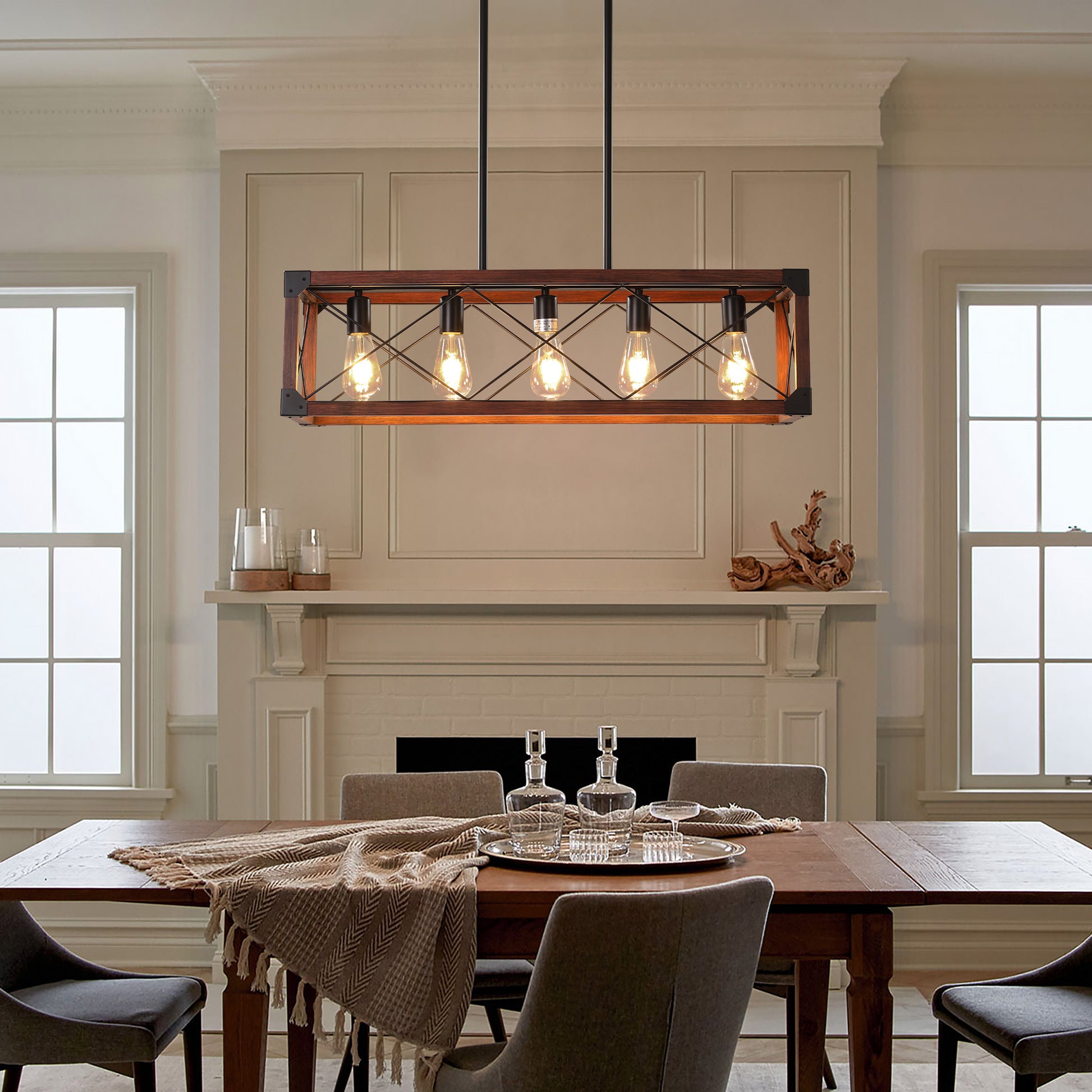 32" Red Wood Industrial Farmhouse Rectangle Pendant Light, 5-Light Chandelier for Dining Room, Kitchen Island, Cafe Decor (No Bulbs)