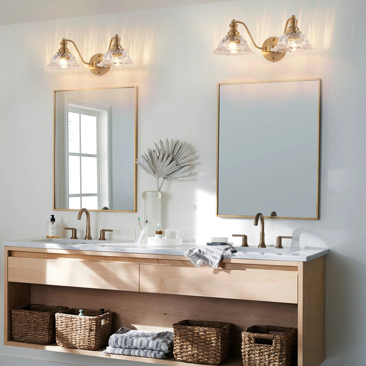 20 Inch 2-Light Vintage Bathroom Wall Sconce – Elegant Golden Metal and Glass Lampshade Vanity Light Fixture for Bathroom, Hallway, or Bedroom (Bulb Not Included)