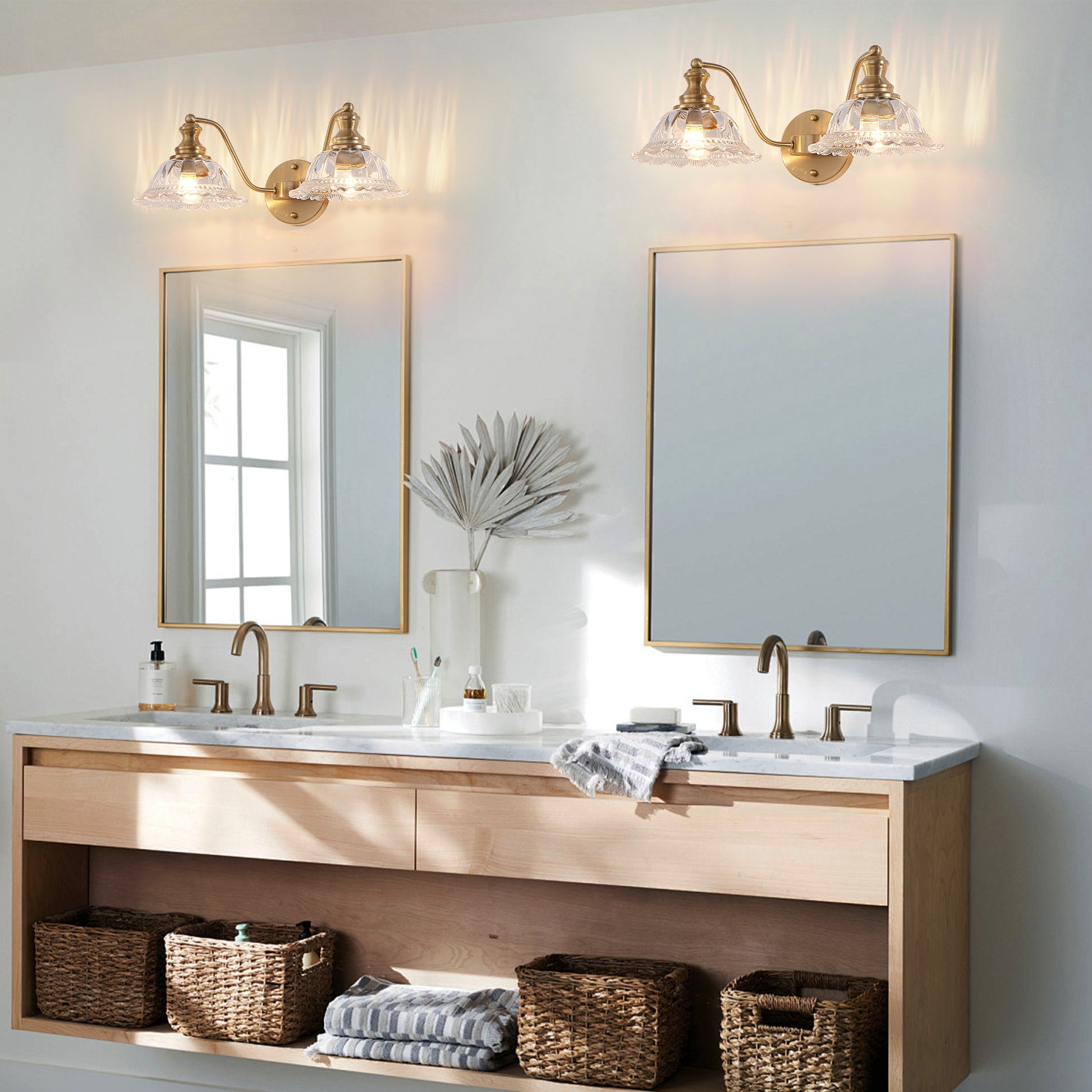 20 Inch 2-Light Vintage Bathroom Wall Sconce – Elegant Golden Metal and Glass Lampshade Vanity Light Fixture for Bathroom, Hallway, or Bedroom (Bulb Not Included)