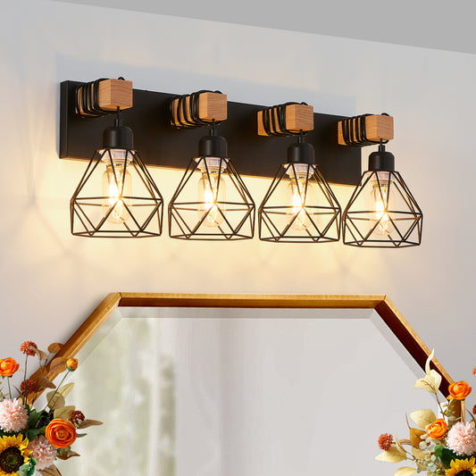 24" Modern Geometric 4-Light Vanity Light Fixture with Black Metal, Wooden Accents and Cage Lampshade for Bathroom, Bedroom, or Living Room (Bulb Not Included)