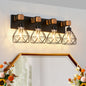 24" Modern Geometric 4-Light Vanity Light Fixture with Black Metal, Wooden Accents and Cage Lampshade for Bathroom, Bedroom, or Living Room (Bulb Not Included)