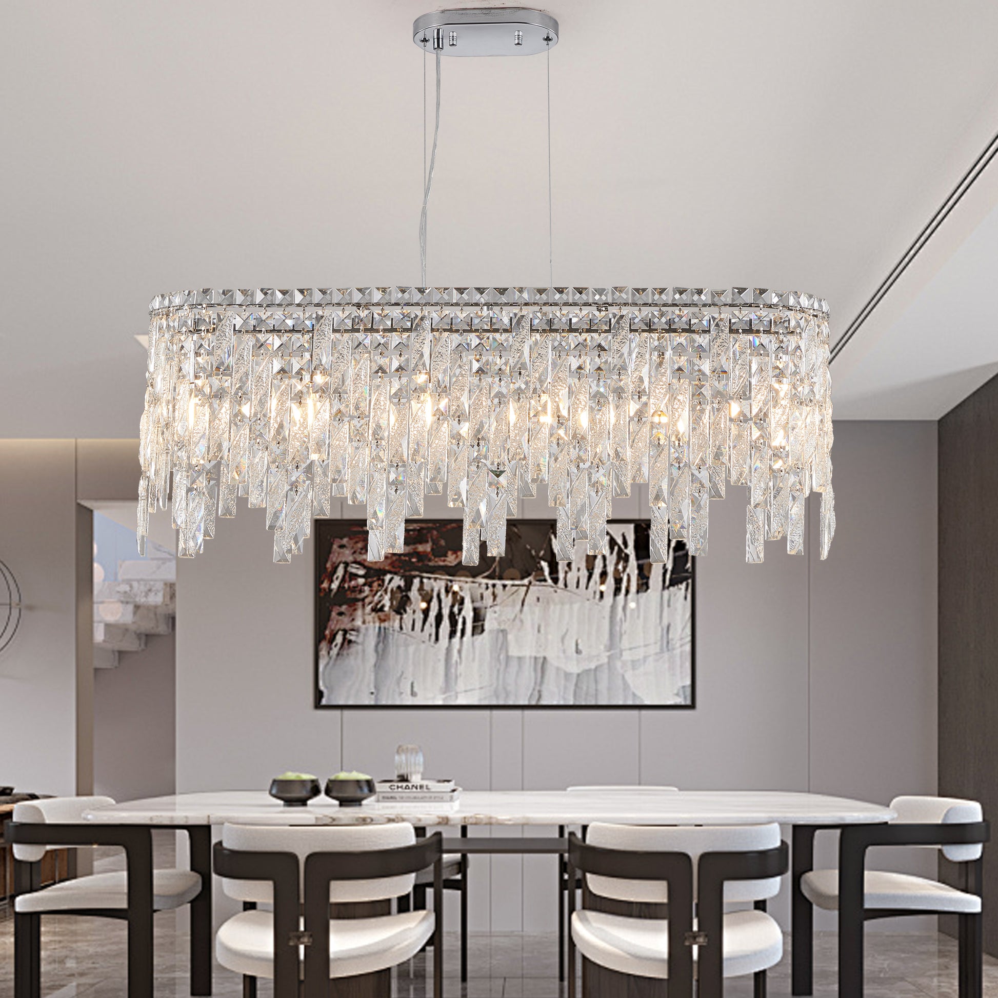 Chrome Crystal Chandelier - 34.6" Oval Living Room Lighting