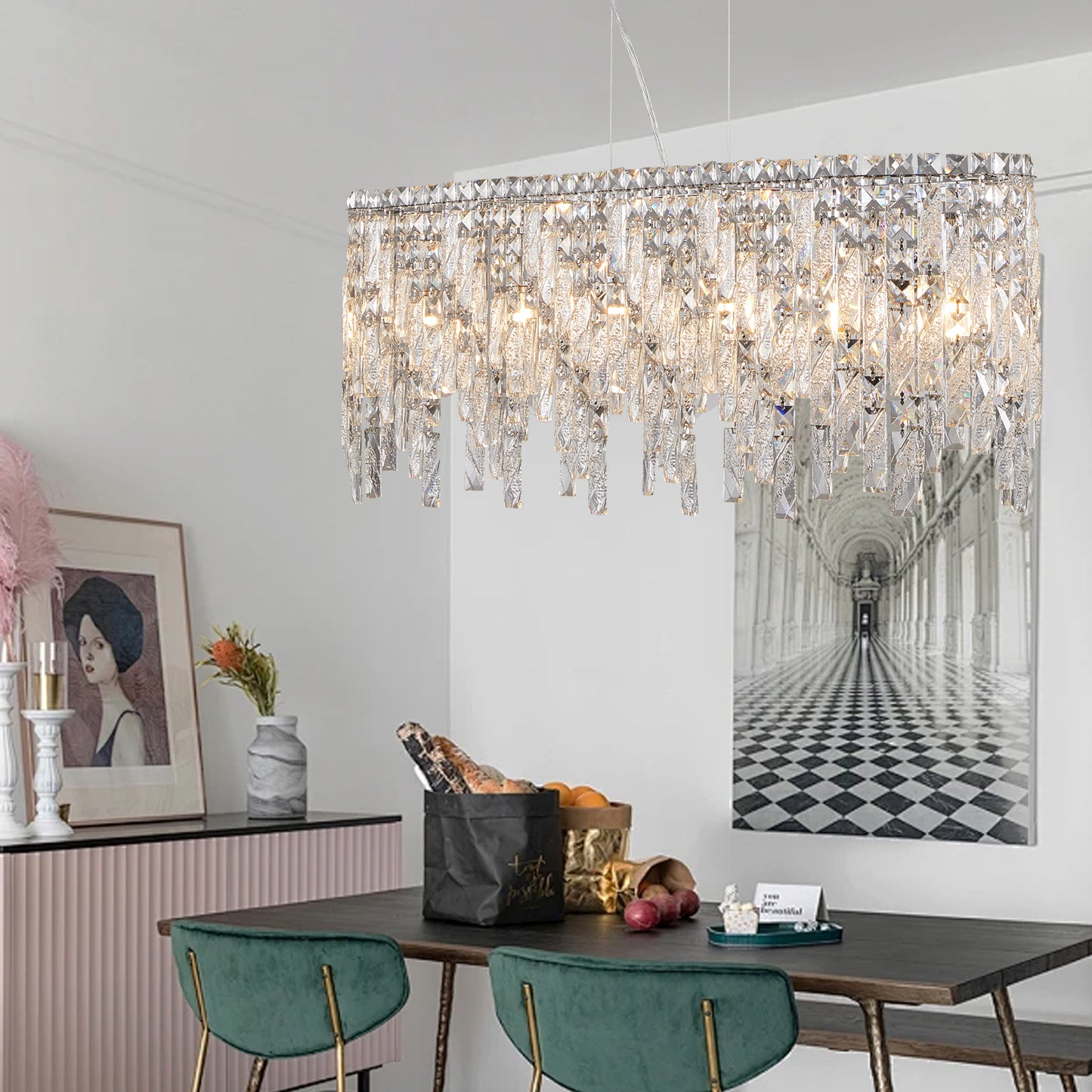 Chrome Crystal Chandelier - 34.6" Oval Living Room Lighting