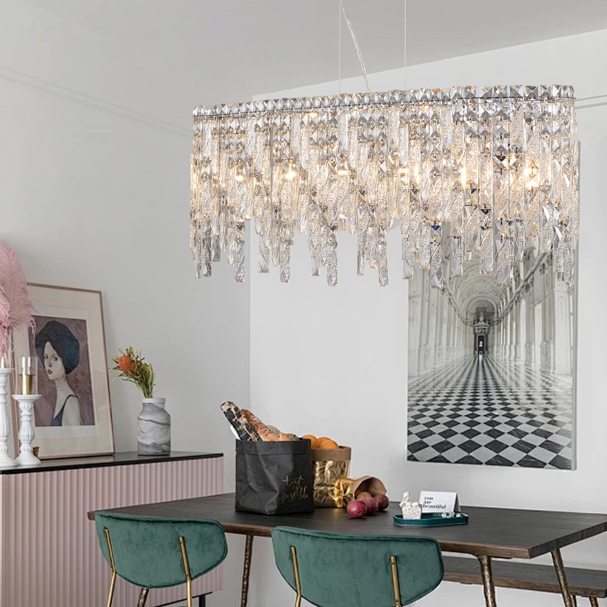 Chrome Crystal Chandelier - 34.6" Oval Living Room Lighting