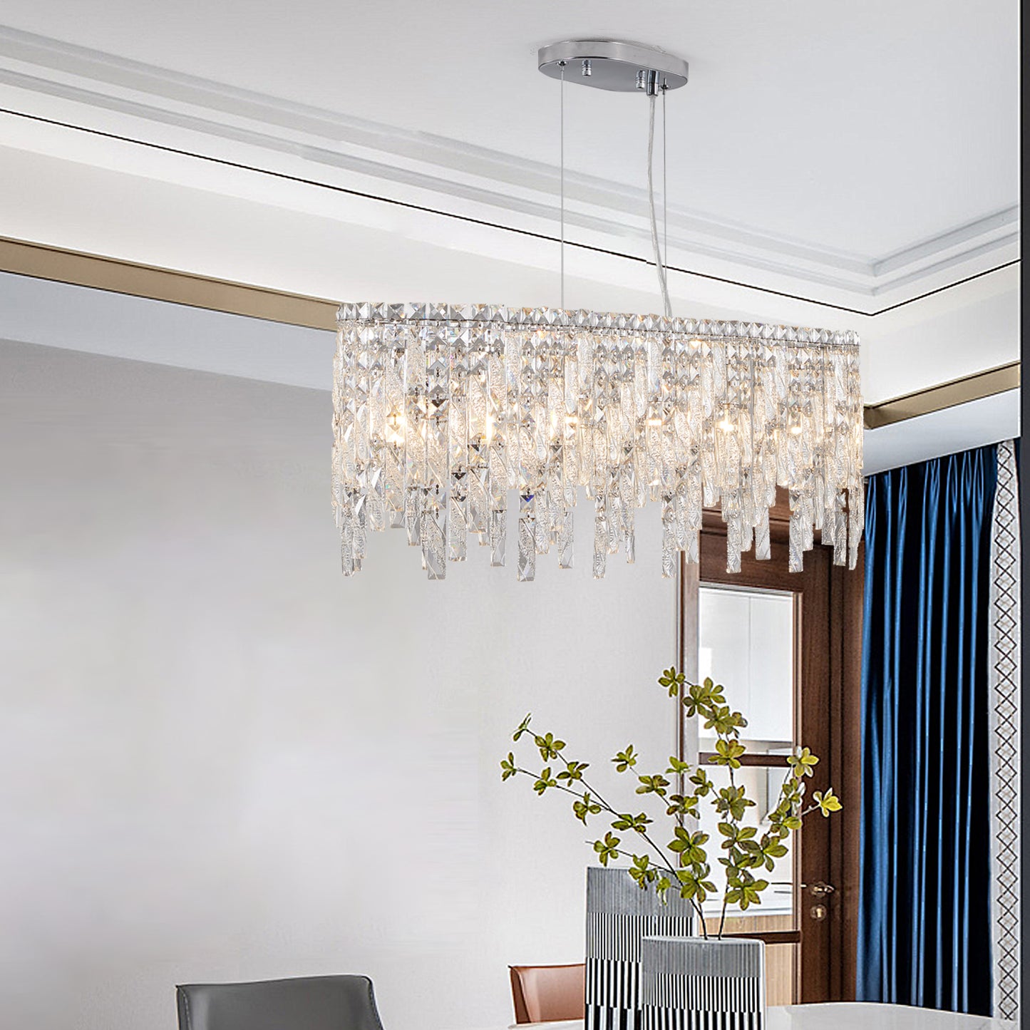 Chrome Crystal Chandelier - 34.6" Oval Living Room Lighting