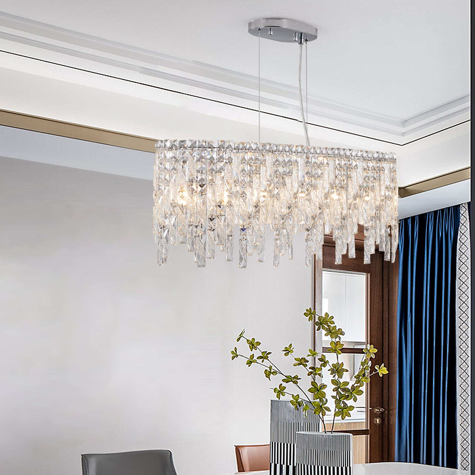 Chrome Crystal Chandelier - 34.6" Oval Living Room Lighting