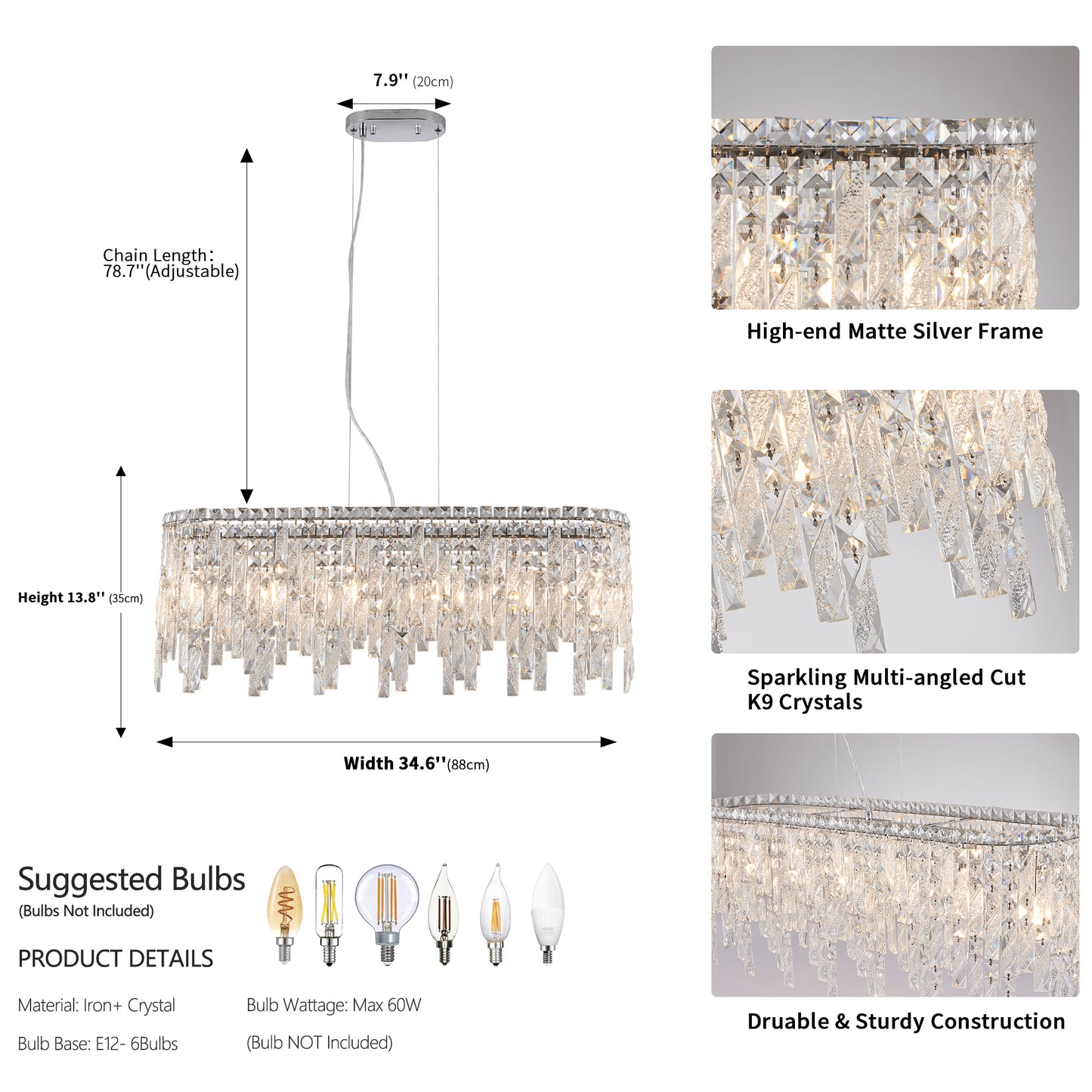 Chrome Crystal Chandelier - 34.6" Oval Living Room Lighting