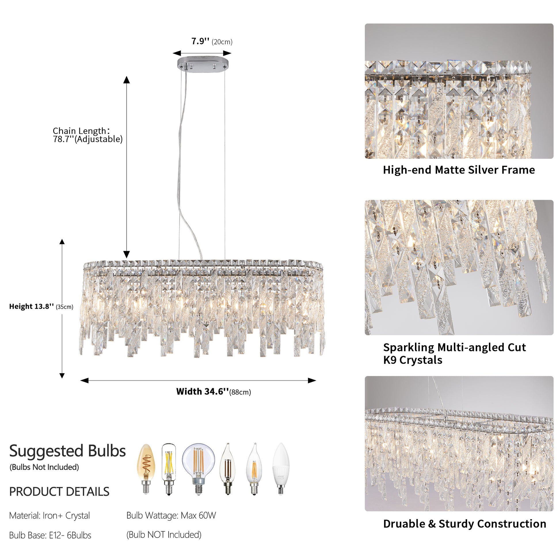 Chrome Crystal Chandelier - 34.6" Oval Living Room Lighting