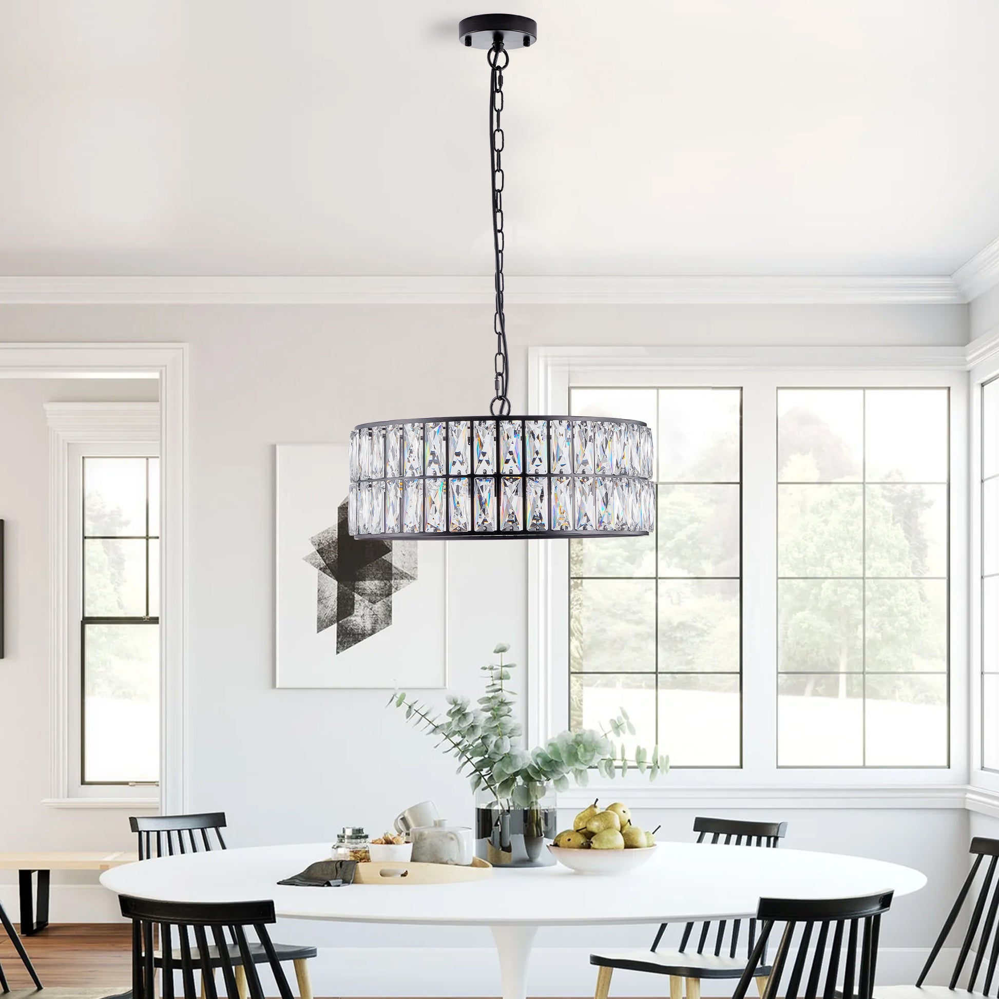 18" Black Modern Crystal Drum Chandelier, 6-Light Pendant Lighting Fixture with Metal Frame for Living Room, Dining Room, and Bedroom (Bulbs Not Included)