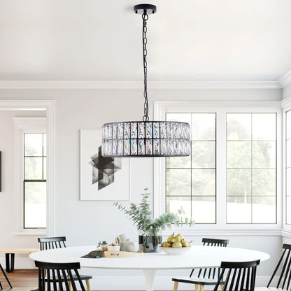 18" Black Modern Crystal Drum Chandelier, 6-Light Pendant Lighting Fixture with Metal Frame for Living Room, Dining Room, and Bedroom (Bulbs Not Included)