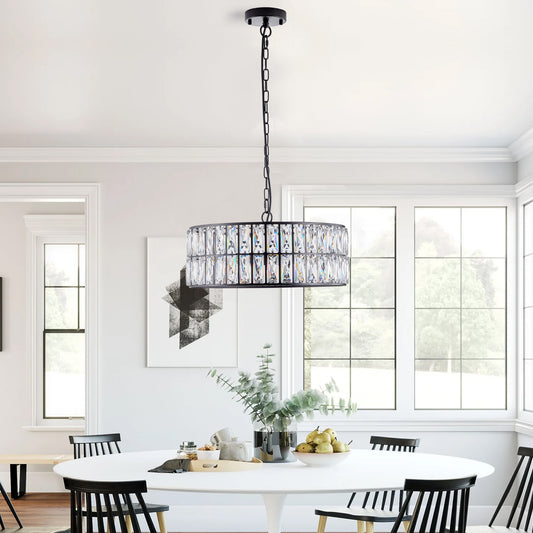 18" Black Modern Crystal Drum Chandelier, 6-Light Pendant Lighting Fixture with Metal Frame for Living Room, Dining Room, and Bedroom (Bulbs Not Included)