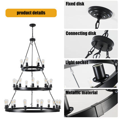 Retro Industrial Pendant Light - Black Iron, 27 Lights