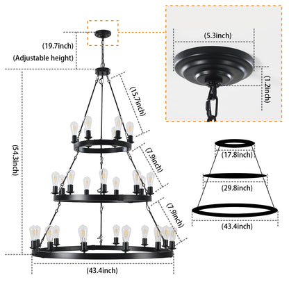 Retro Industrial Pendant Light - Black Iron, 27 Lights