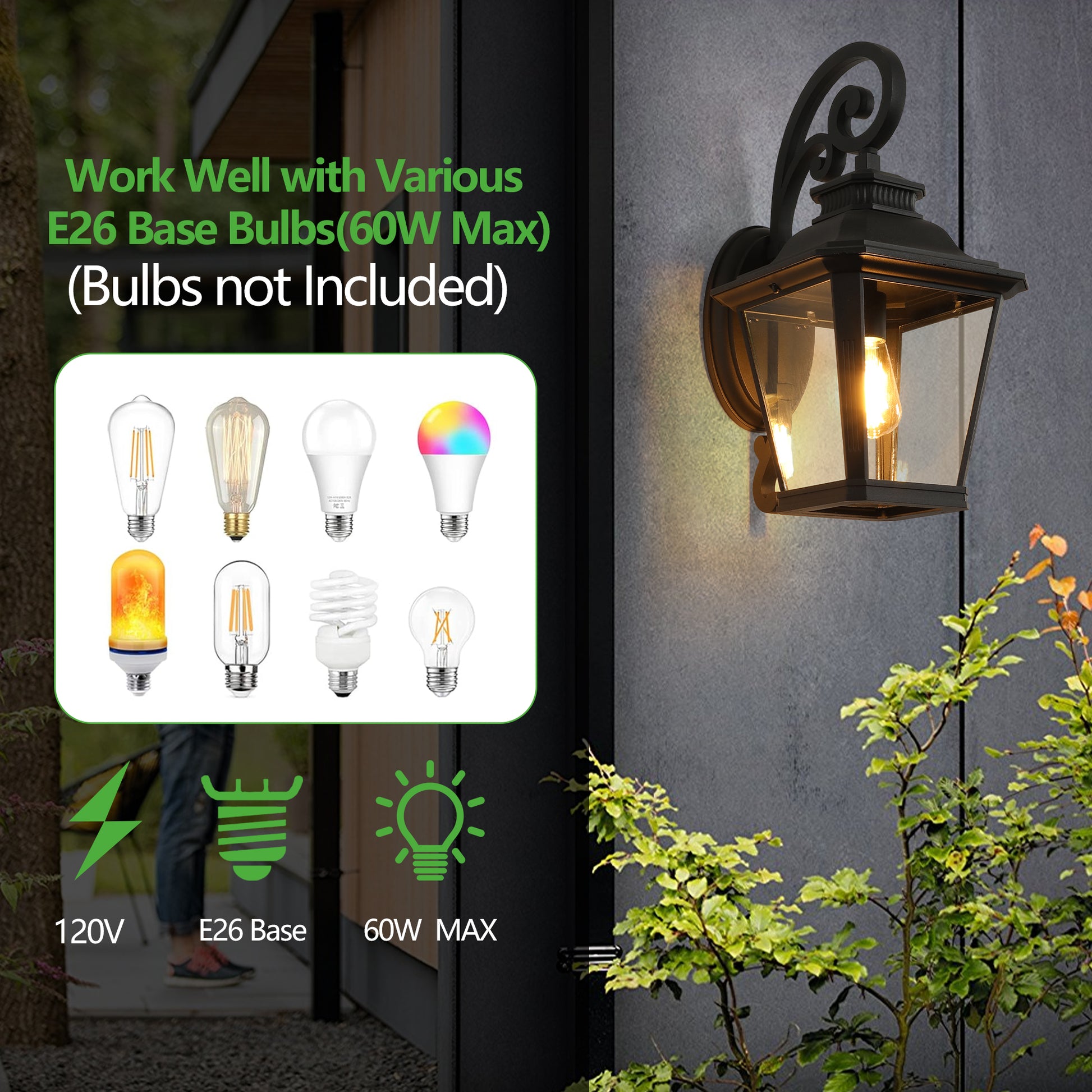 Black Aluminum Outdoor Wall Lanterns - 2 Pack, Weather Resistant Lighting